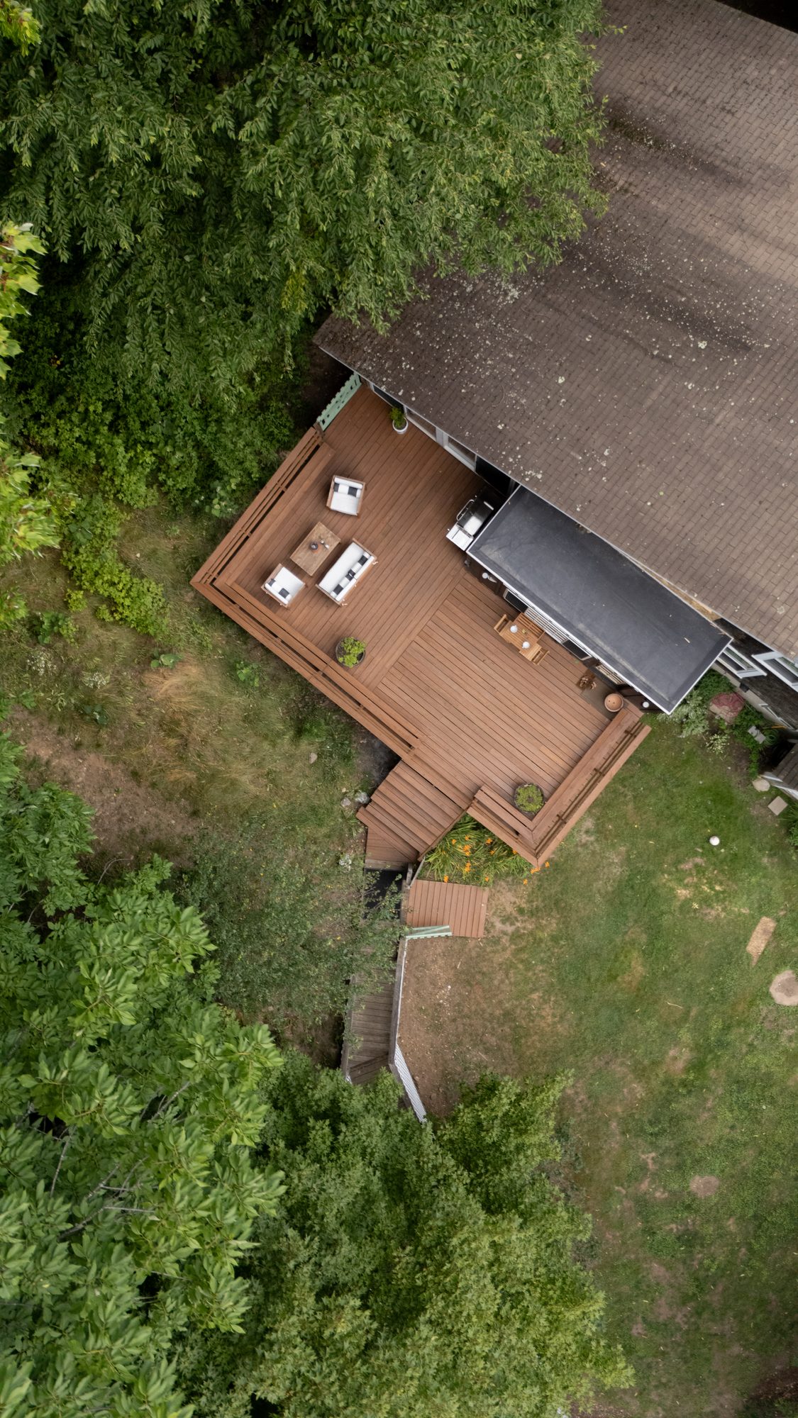 Aerial view of the deck and outdoor seating